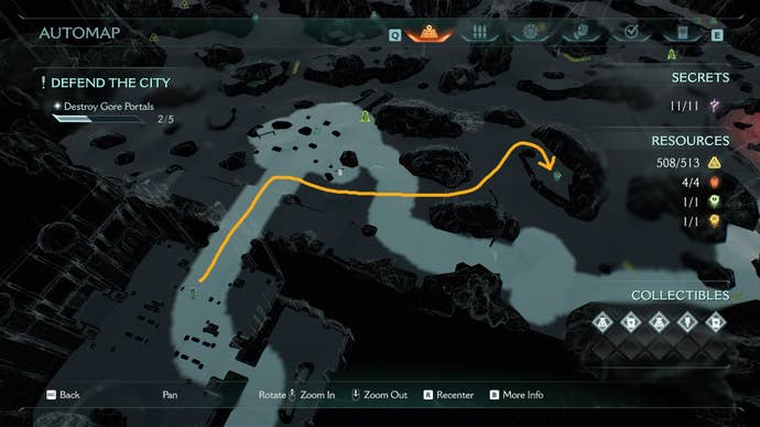 The route from the level start in The Siege Part 1 to a group of wolf statues and Ruby is marked on the map in DOOM: The Dark Ages