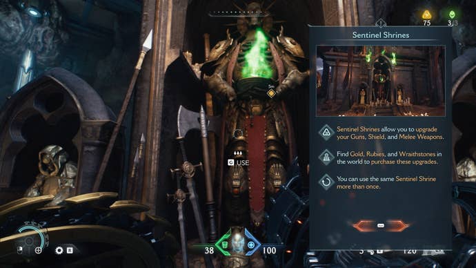 The player stands in front of a Sentinel Shrine with the Sentinel Shrine tutorial on the right-hand side of the screen in DOOM: The Dark Ages