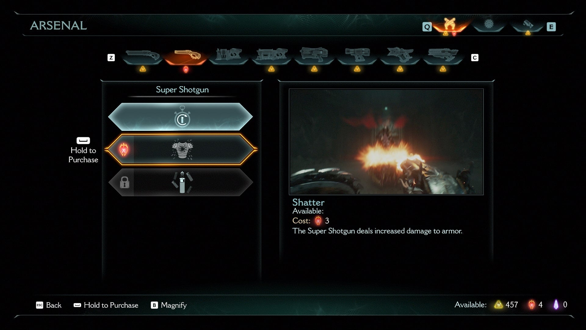 The player looks at the Super Shotgun upgrades at a Sentinel Shrine in DOOM: The Dark Ages - 4