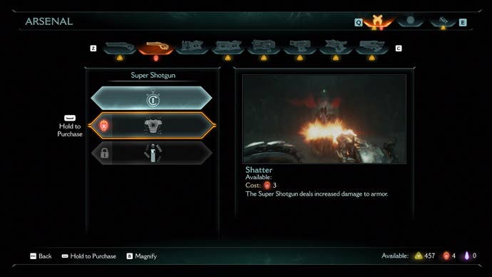 The player looks at the Super Shotgun upgrades at a Sentinel Shrine in DOOM: The Dark Ages