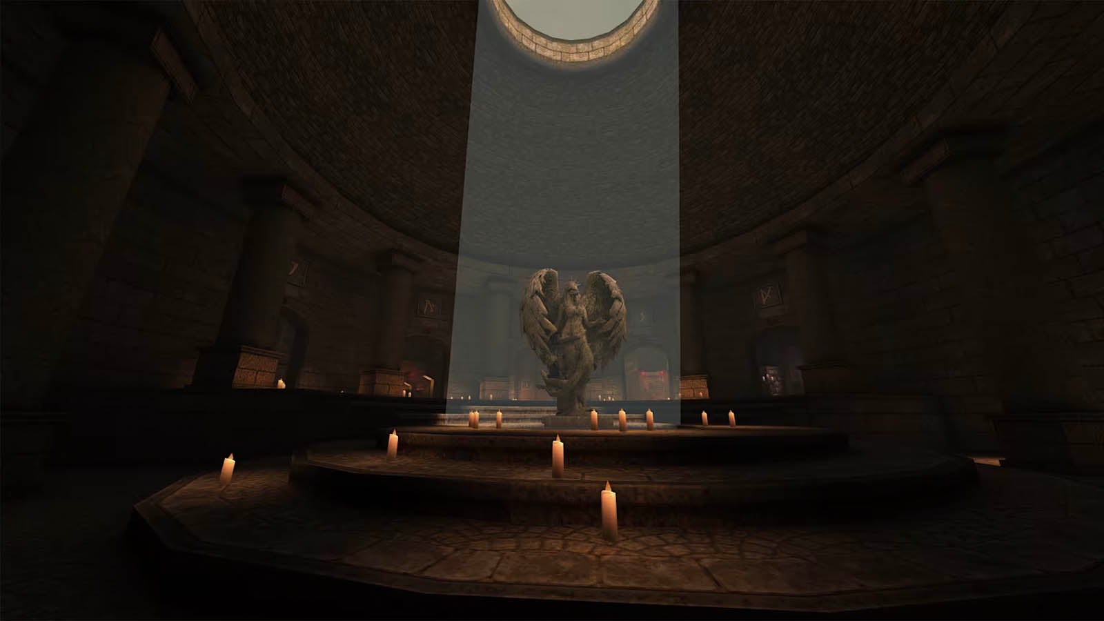 An angel statue lit in a shaft of light from above.