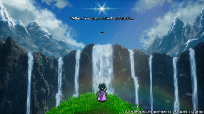 Young adventurer standing on a cliff in front of a waterfall with text above saying “You are a scatterbrained soul" in Dragon Quest III HD-2D Remake.