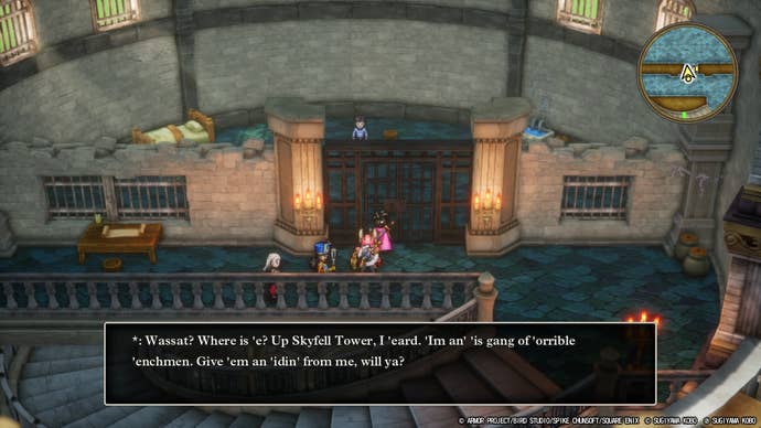 An adventuring party stands in front of a jail cell where the prisoner inside speaks in a cockney accent in Dragon Quest III HD-2D Remake.