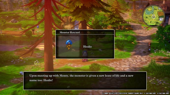Game menu screens to show that you have found and tamed a Healslime monster called Healie in Dragon Quest III HD-2D Remake.