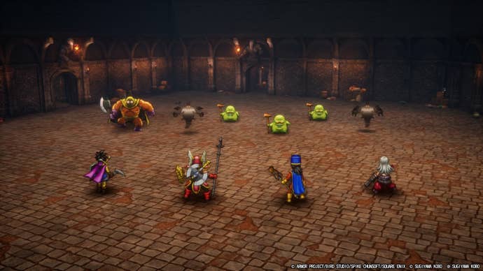 Four adventurers stand before a collection of monsters including phantoms, lump wizards and a muscular man in pants in Dragon Quest III HD-2D Remake.