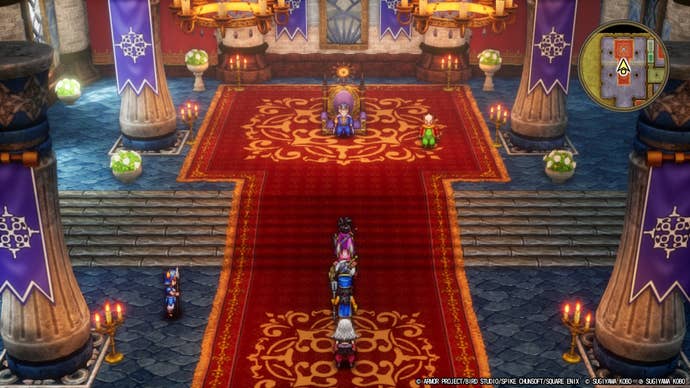 A throne room with a King sitting in the centre and the adventurers about to talk to him in Dragon Quest III HD-2D Remake.