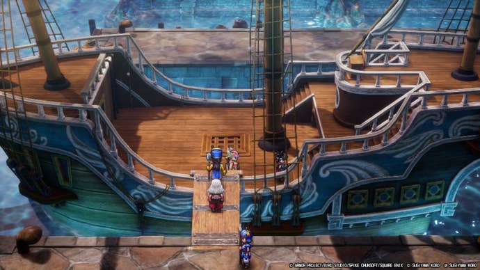 The adventurers board a small, pirate-like wooden ship in Dragon Quest III HD-2D Remake.