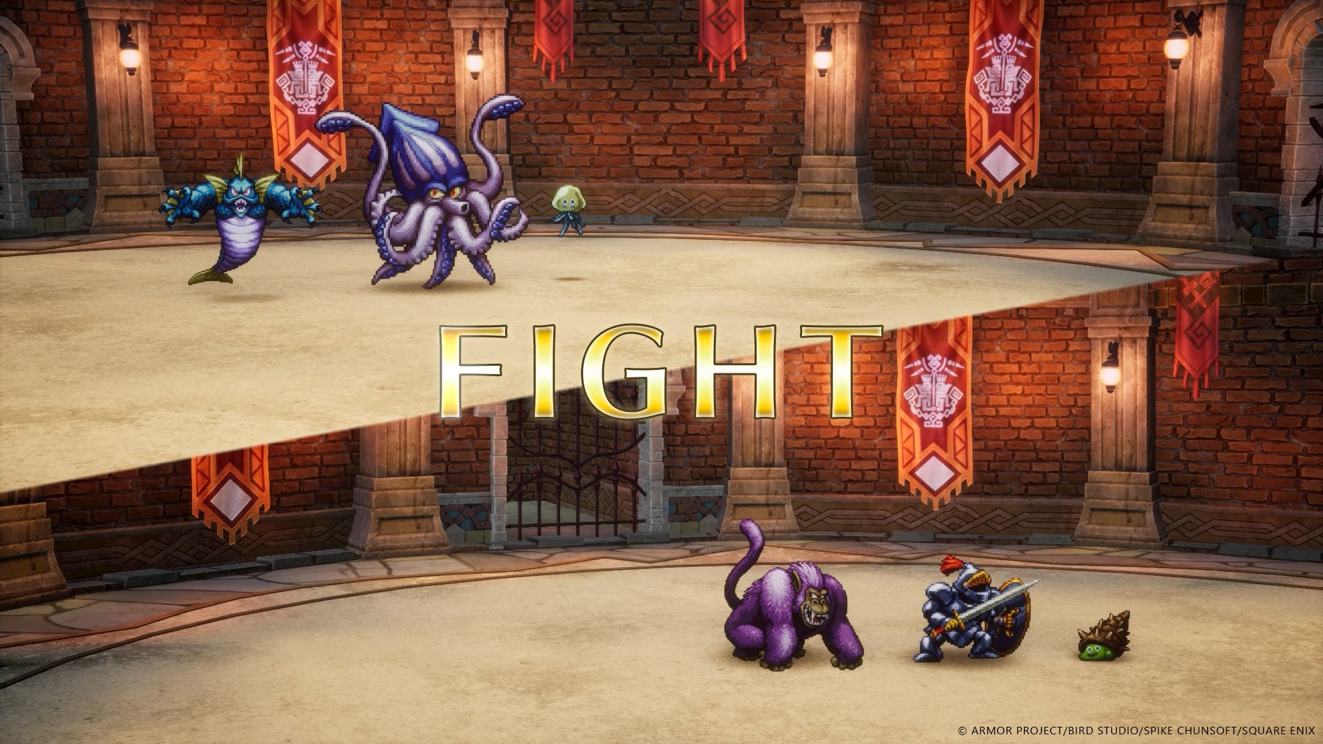 Dragon Quest 3 HD-2D remake screenshot showing initial battle scene of two groups of monsters preparing to fight in the arena