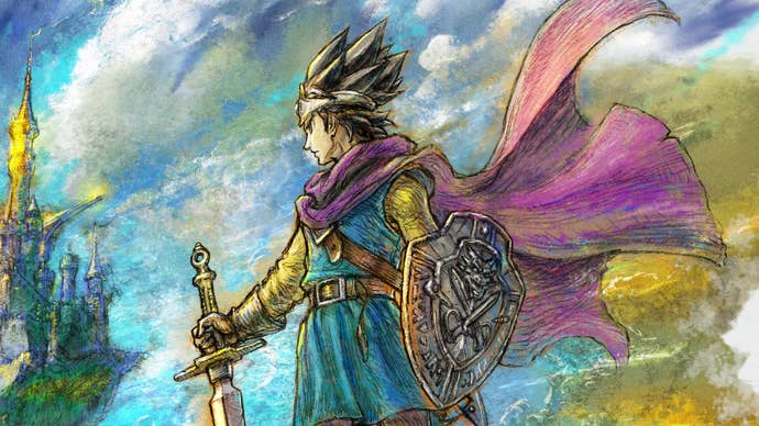 Close up of artwork of purple-caped Dragon Quest 3 hero in painterly style