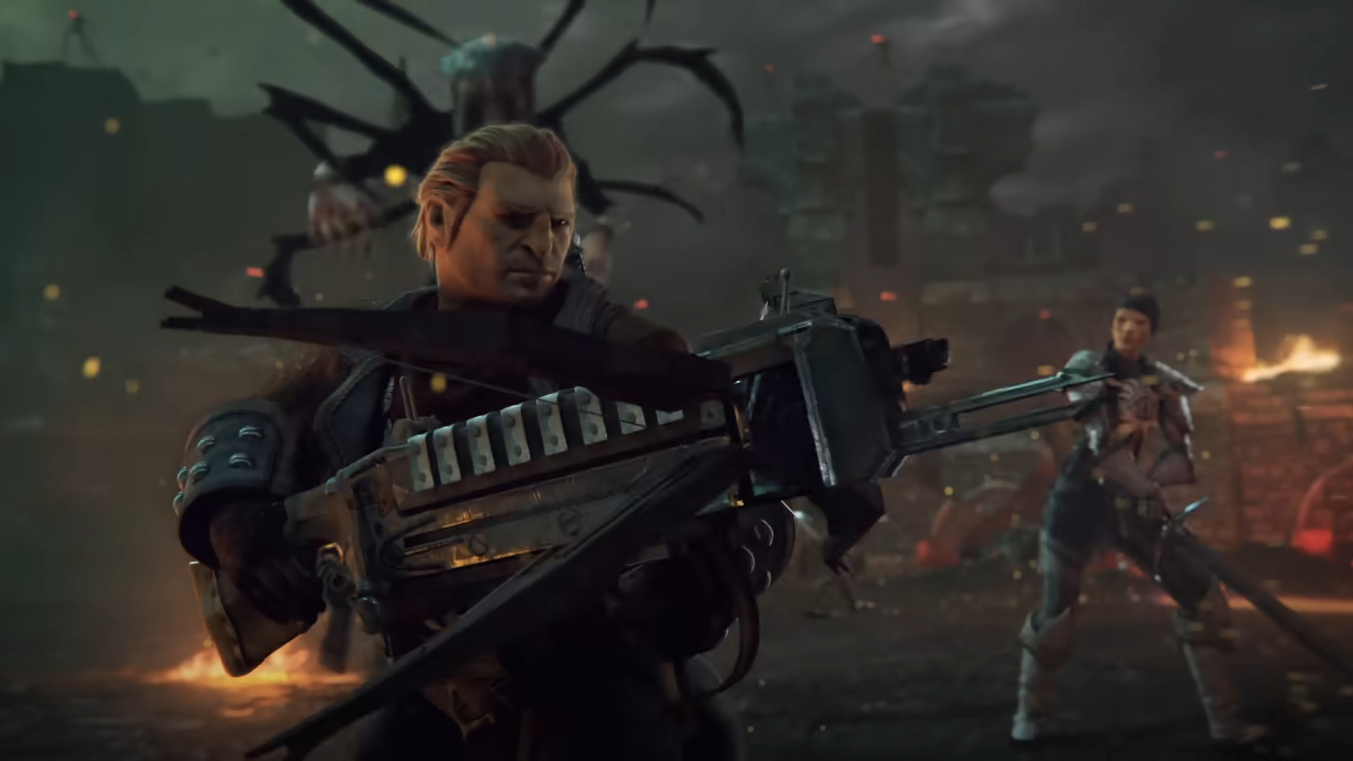 Dragon Age Inquisition trailer screenshot showing dwarf character aiming a crossbow