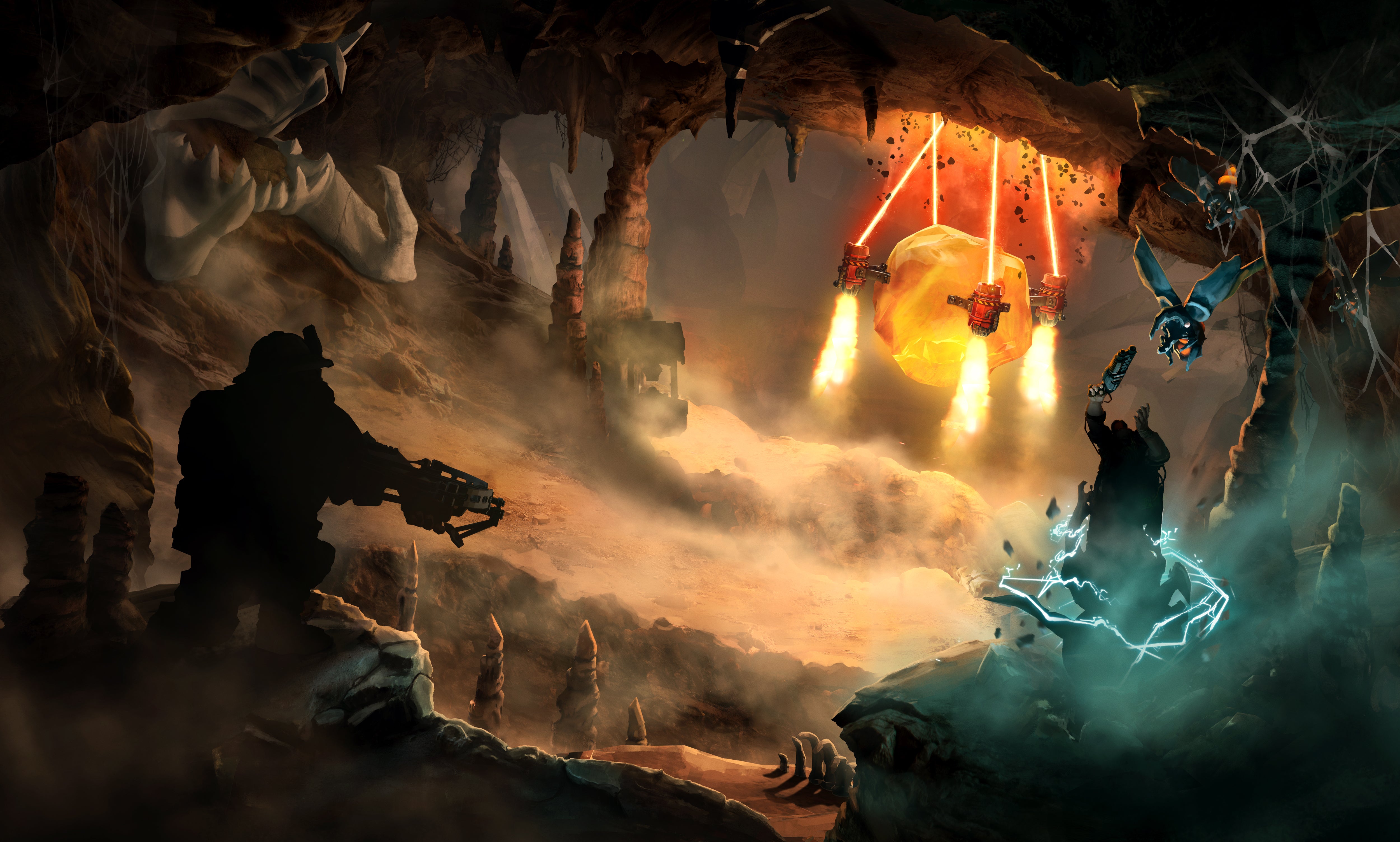 Promotional art for Deep Rock Galactic Season 6, showing two dwarves - one caught in the teeth of an alien bug - in a large cave, which laser-equipped rocket thrusters extract a large rock. - 3