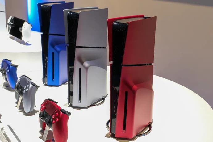 PS5 'slim' consoles with red, silver and blue faceplates