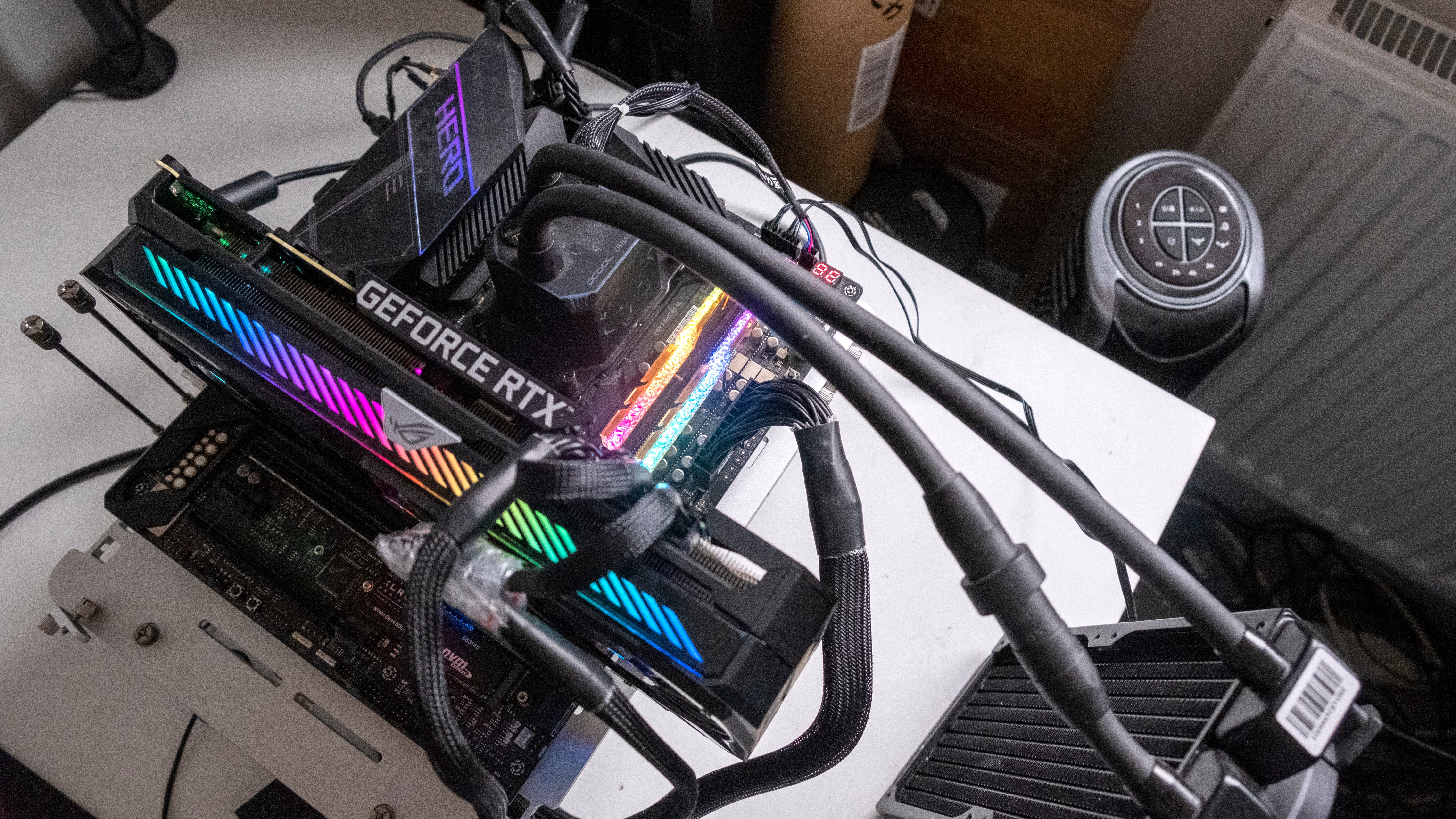 photos of a ryzen 7 5800x3d testing setup