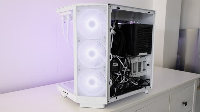 white gaming pc - back removed cables