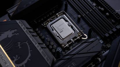 an msi meg z890 ace motherboard with intel core ultra 9 285k slotted in, looking cool and zoomed in
