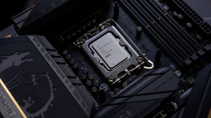 an msi meg z890 ace motherboard with intel core ultra 9 285k slotted in, looking cool and zoomed in