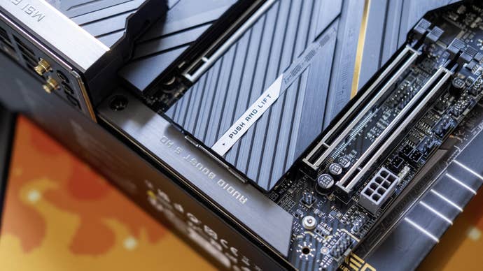 an msi meg z890 ace motherboard with a focus on the easy-open nvme slot