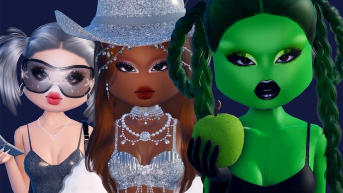 A collage of three Dress to Impress looks, ranging from alien-like green skin to a sparkling cowgirl hat.