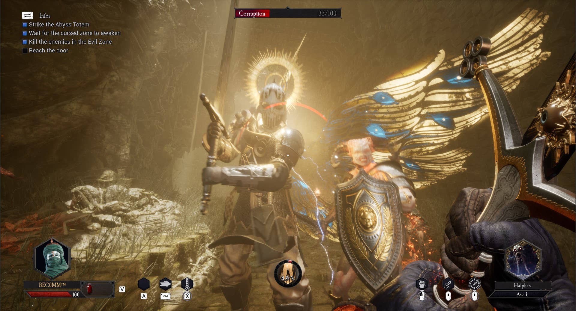 A powerful golden-glowing enemies prepares to strike the player in Daimon Blades.
