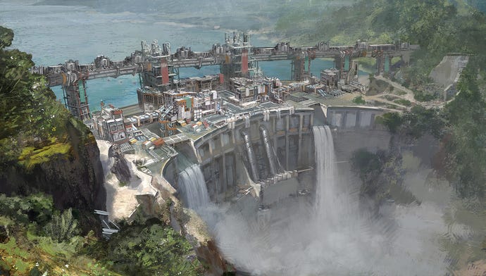 Concept art of a futuristic looking dam