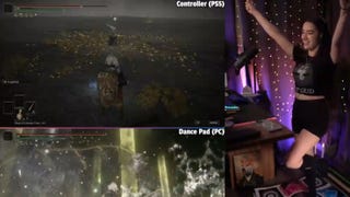 A streamer jumps for joy as she simultaneously beats Elden Ring with a dance mat and a controller