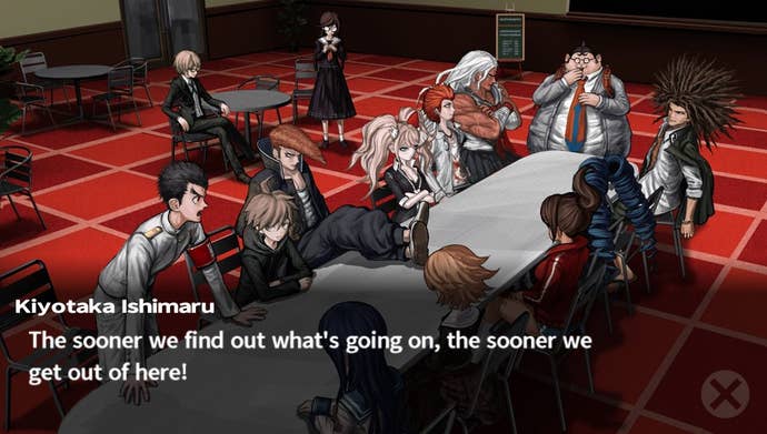 The classmates of Danganronpa: Trigger Happy Havoc gather around a dining room table.