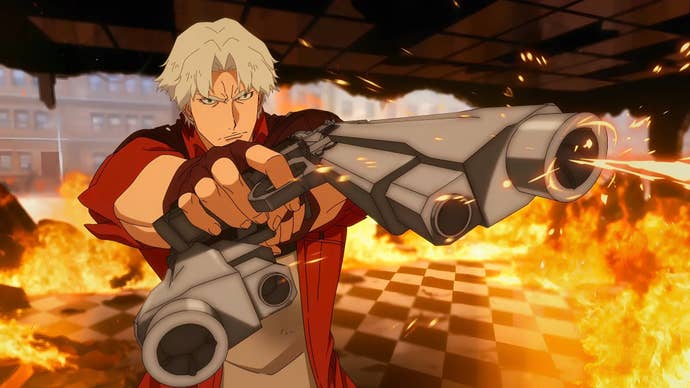 Dante in Netflix series Devil May Cry surrounded by fire and aiming two guns