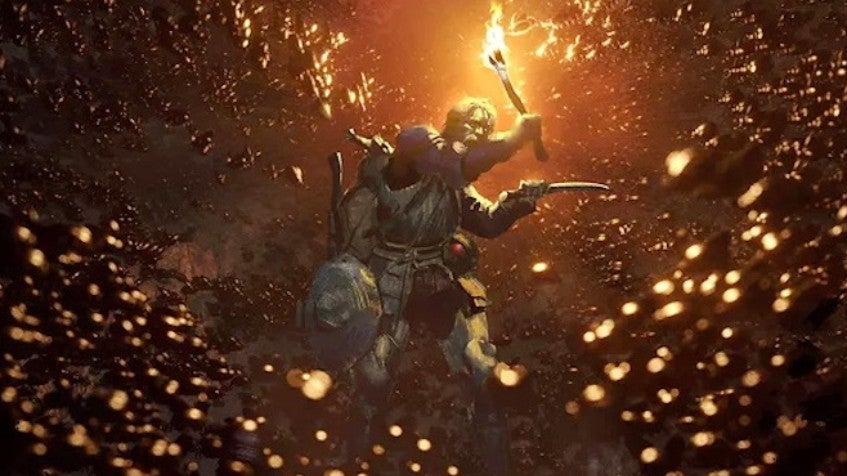 Dark and Darker promo art showing a character holding a torch aloft as they are swarmed by beetle-like creatures