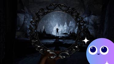 The player looks through a circular frame and sees a woman standing in the distance in Dark and Deep