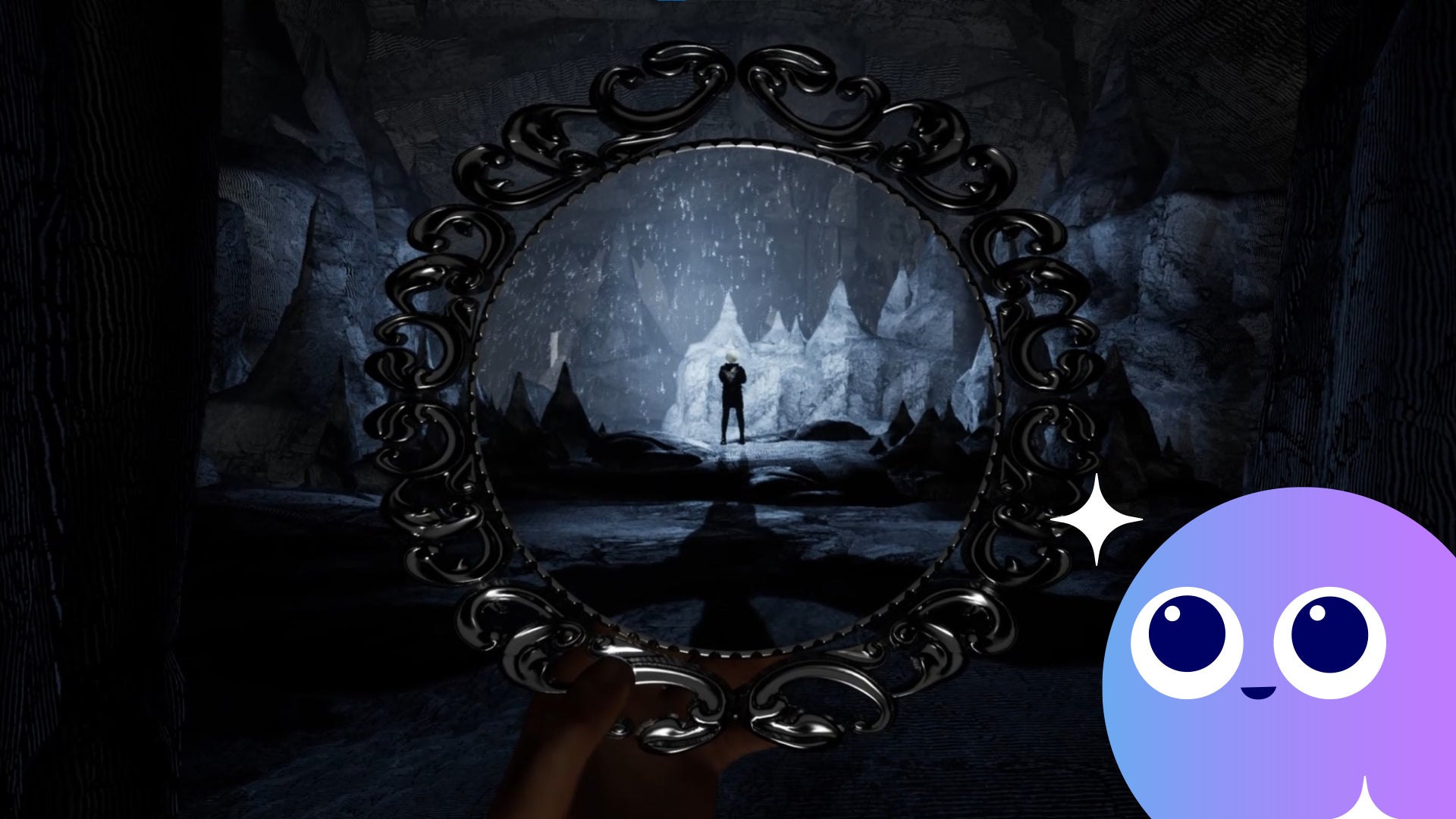 The player looks through a circular frame and sees a woman standing in the distance in Dark and Deep - 1