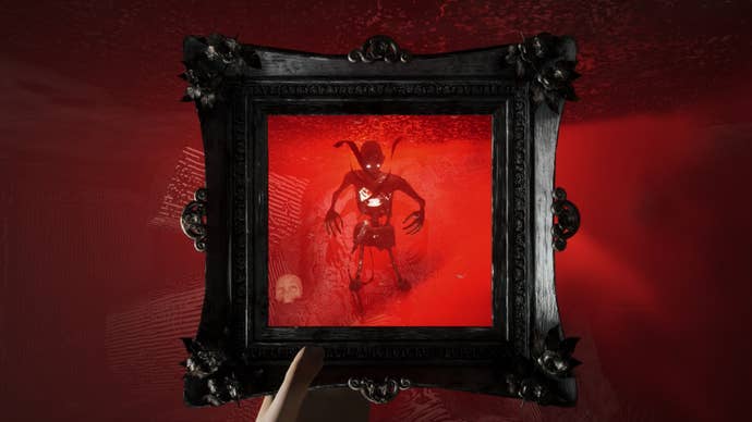 The player looks at a crawler enemy through a square picture frame in Dark and Deep