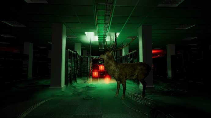 The player is in an office that is illuminated with green light in Dark and Deep, and there is a deer in front of them