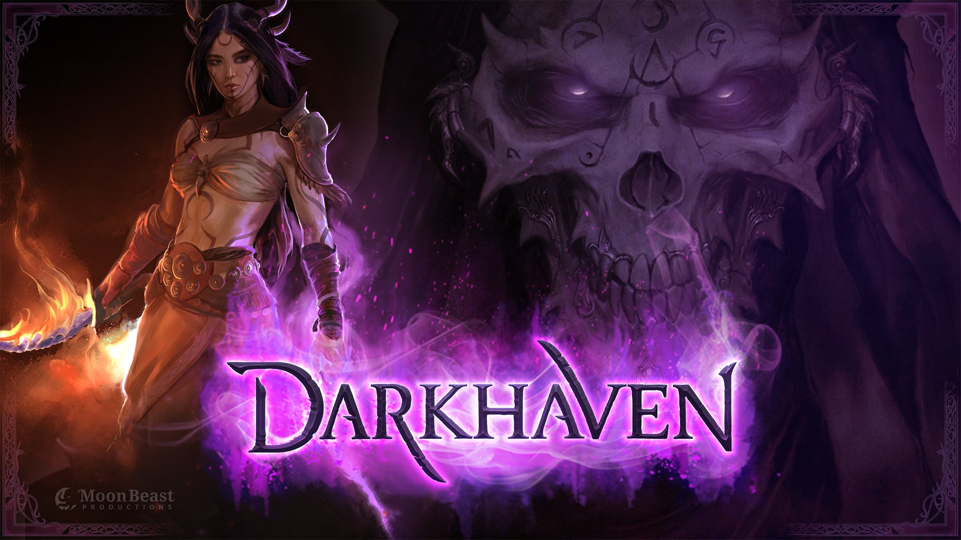 A sexy witch in cloth armour standing in front of a murky image of a big skeleton face with the text Darkhaven beneath. - 1
