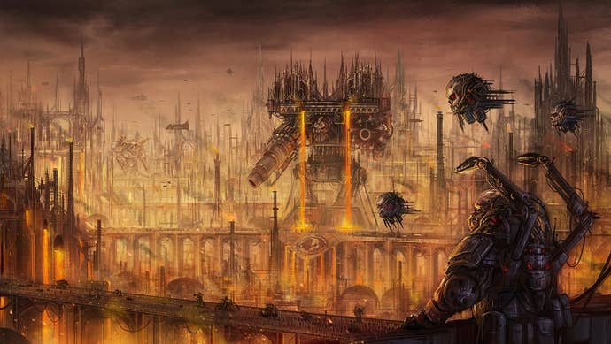 An illustration of a Warhammer 40,000 Forge World with a huge robotic entity pouring molten metal in the distance and a priest with biomechanical arms in the foreground