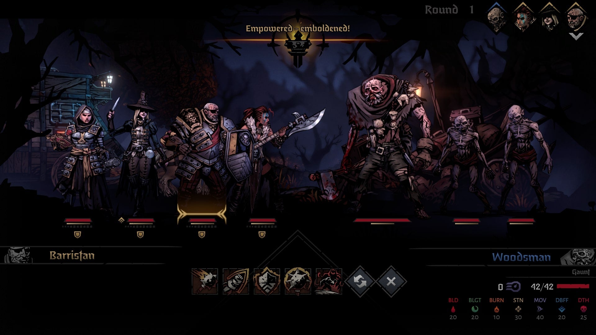 A bloody party of warriors face off against zombie-like creatures in Darkest Dungeon 2