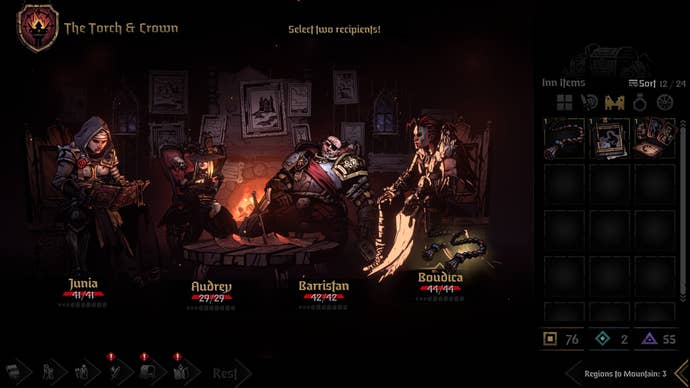 Four warriors stop in a tavern for some rest in Darkest Dungeon 2