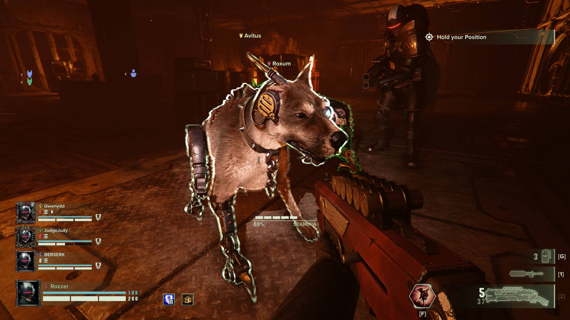 A closeup of a Cyber-Mastiff dog in Warhammer 40,000: Darktide.