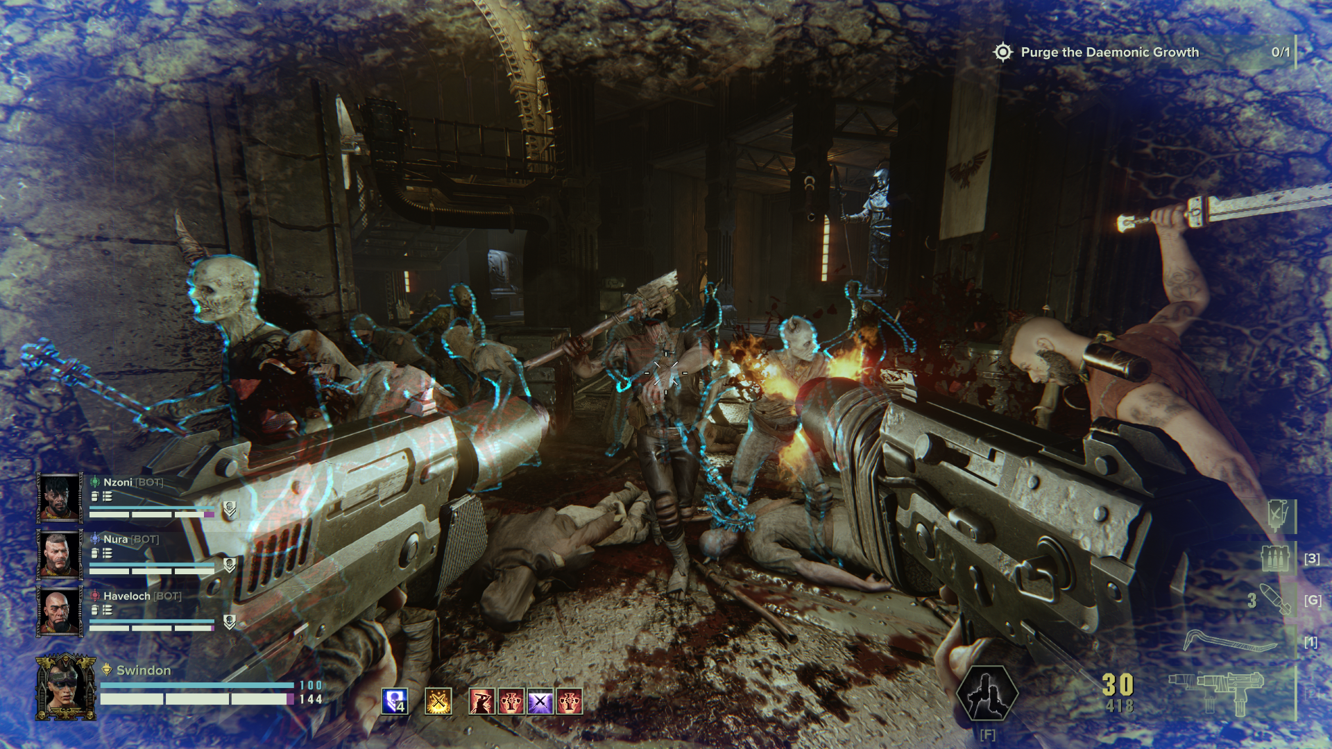 Under the effects of toughness-boosting chems, the Hive Scum class shoots at enemies in Warhammer 40,000: Darktide.