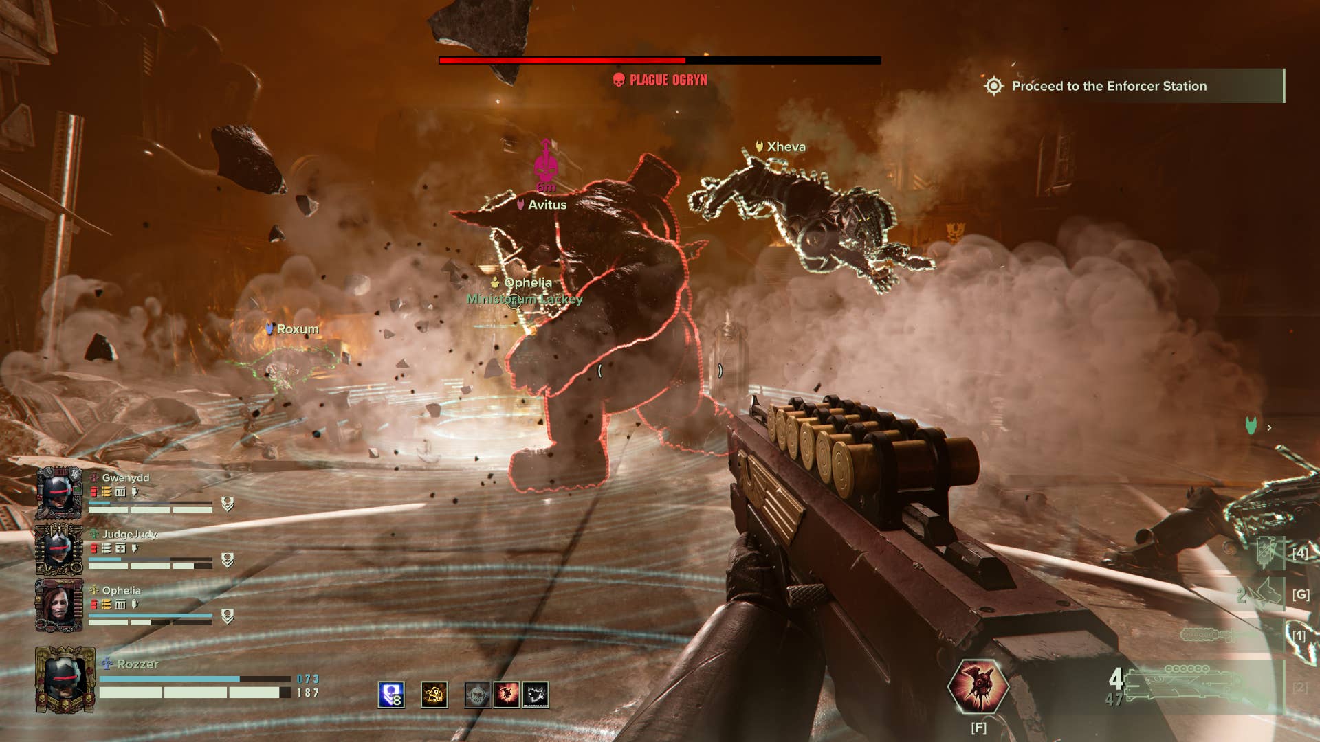 Multiple Cyber-Mastiffs attack a Plague Ogryn in Warhammer 40,000: Darktide.