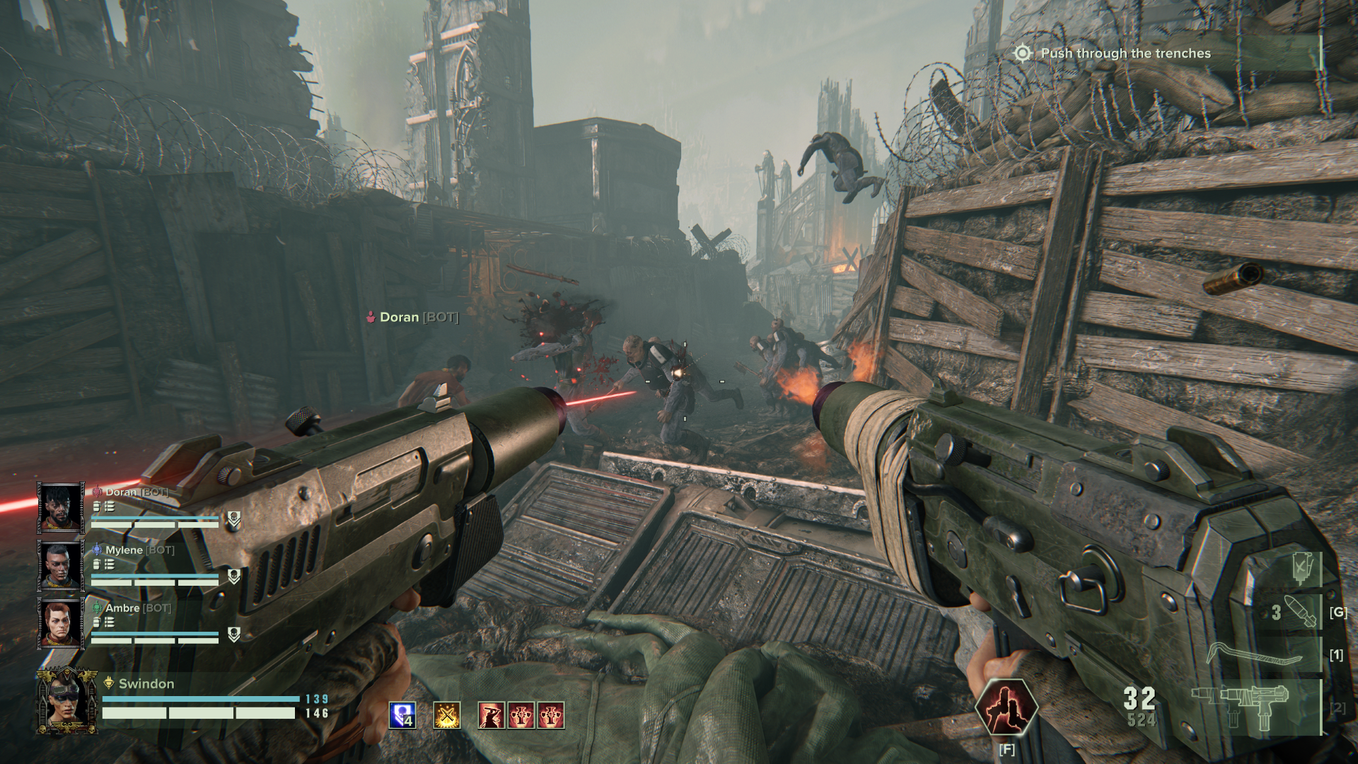 Shooting traitorous soldiers as a Hive Scum class in Warhammer 40,000: Darktide.