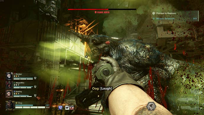 Knifing a Plage Ogryn in Warhammer 40,000: Darktide.