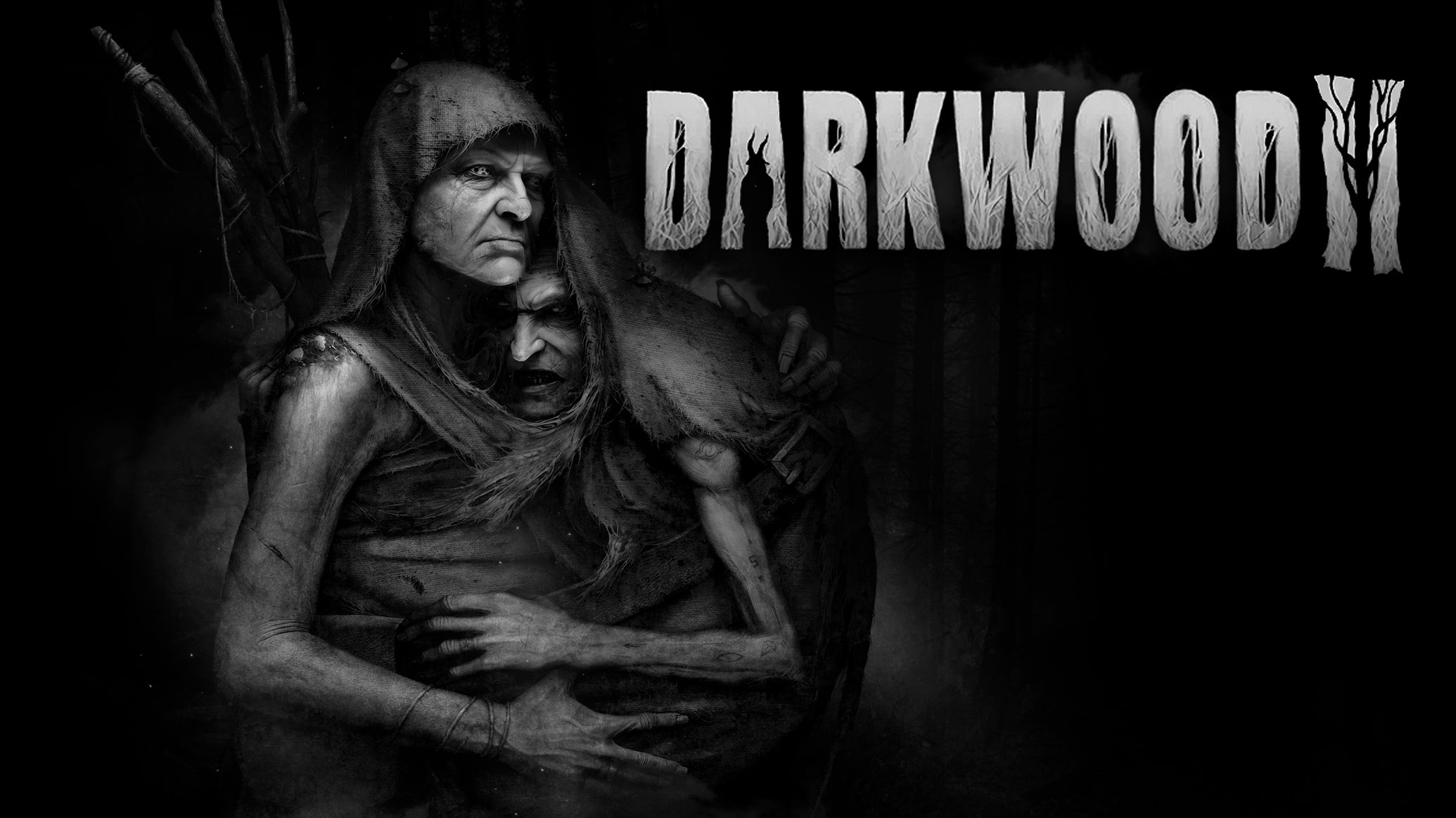 Key art for Darkwood 2, showing two menacing hooded human figures sort of growing out of each other, plus the game's title. - 1