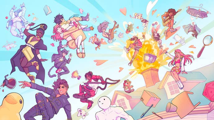 Date Everything header, comprised of household object jumping out of a building and turning into very attractive humans.