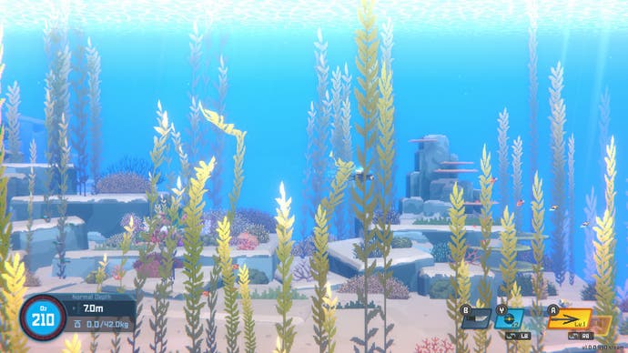 Underwater with blue seas and coral, partially hidden by seaweed in Dave the Diver