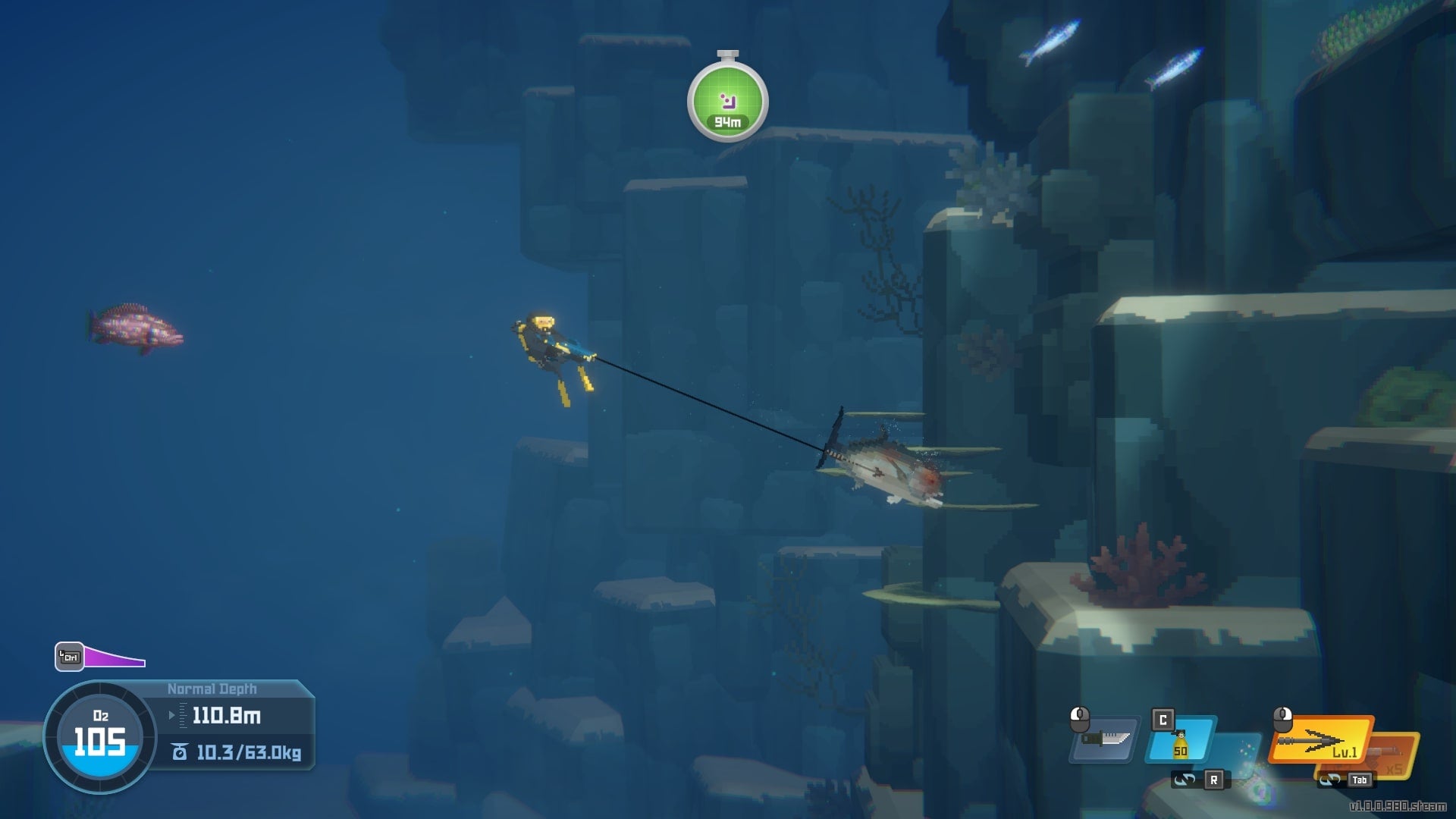 Dave fires his harpoon at a Giant Trevally in the Blue Hole in Dave the Diver