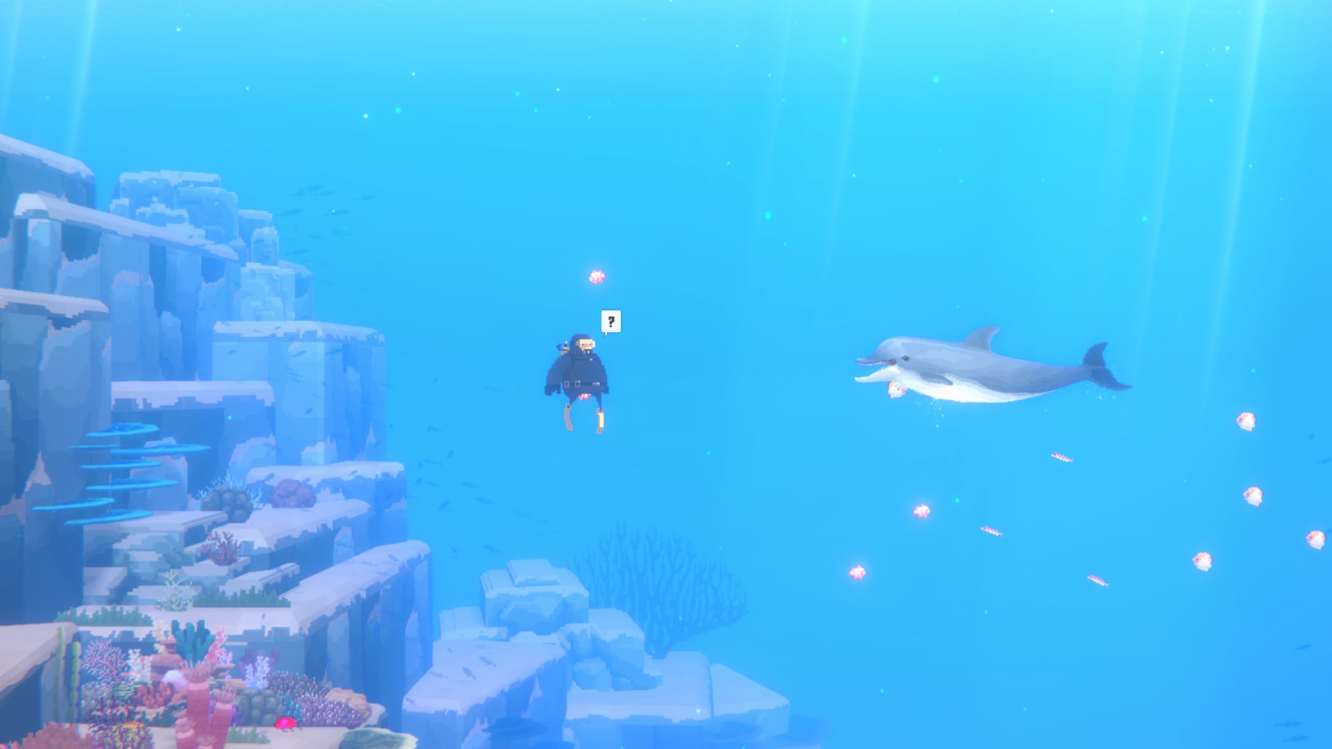 Dave is approached by a dolphin in Dave the Diver - 1