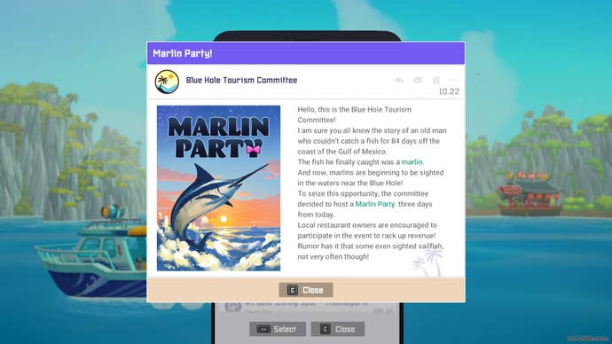 An email detailing the Marlin Party in Dave the Diver is shown
