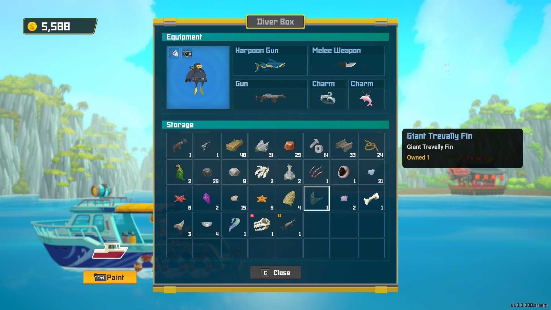 The Giant Trevally Fin in Dave the Diver is shown in the cargo crate aboard Cobra&rsquo;s ship