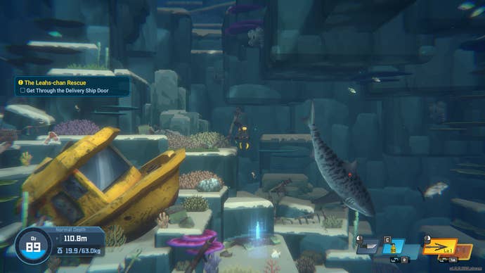 Dave floats beside a Tiger Shark and sunken submarine in Dave the Diver