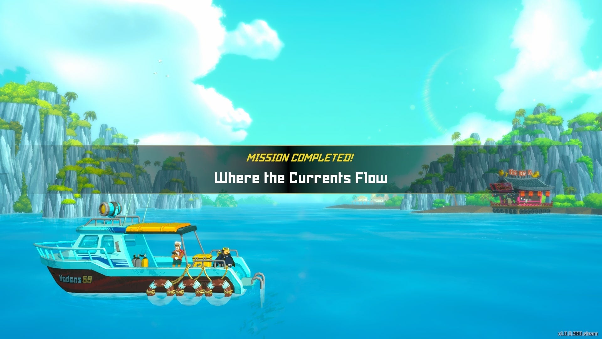 The mission completed screen for the Where the Current Flows quest in Dave the Diver is shown - 1